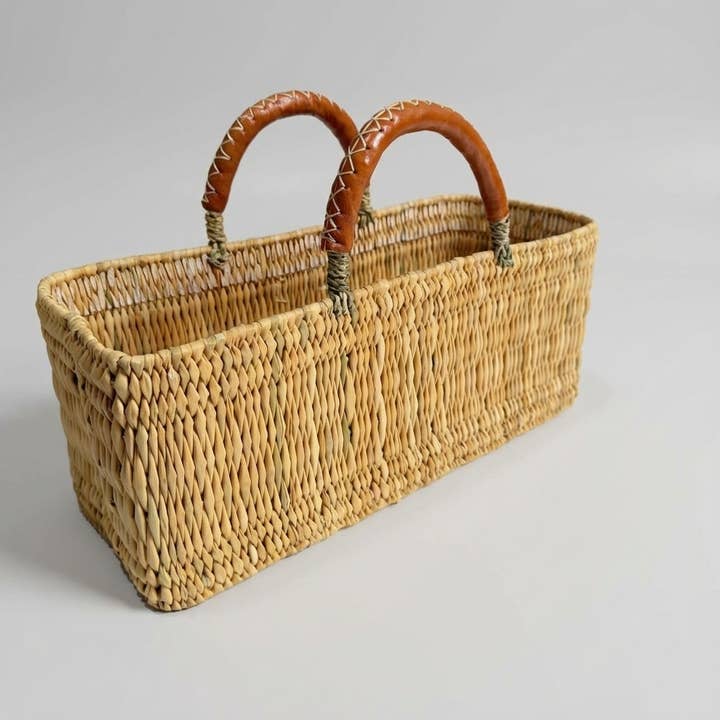 Brown Rectangular Reed Storage Basket Leather Handle Market Tote for wholesale on Faire7