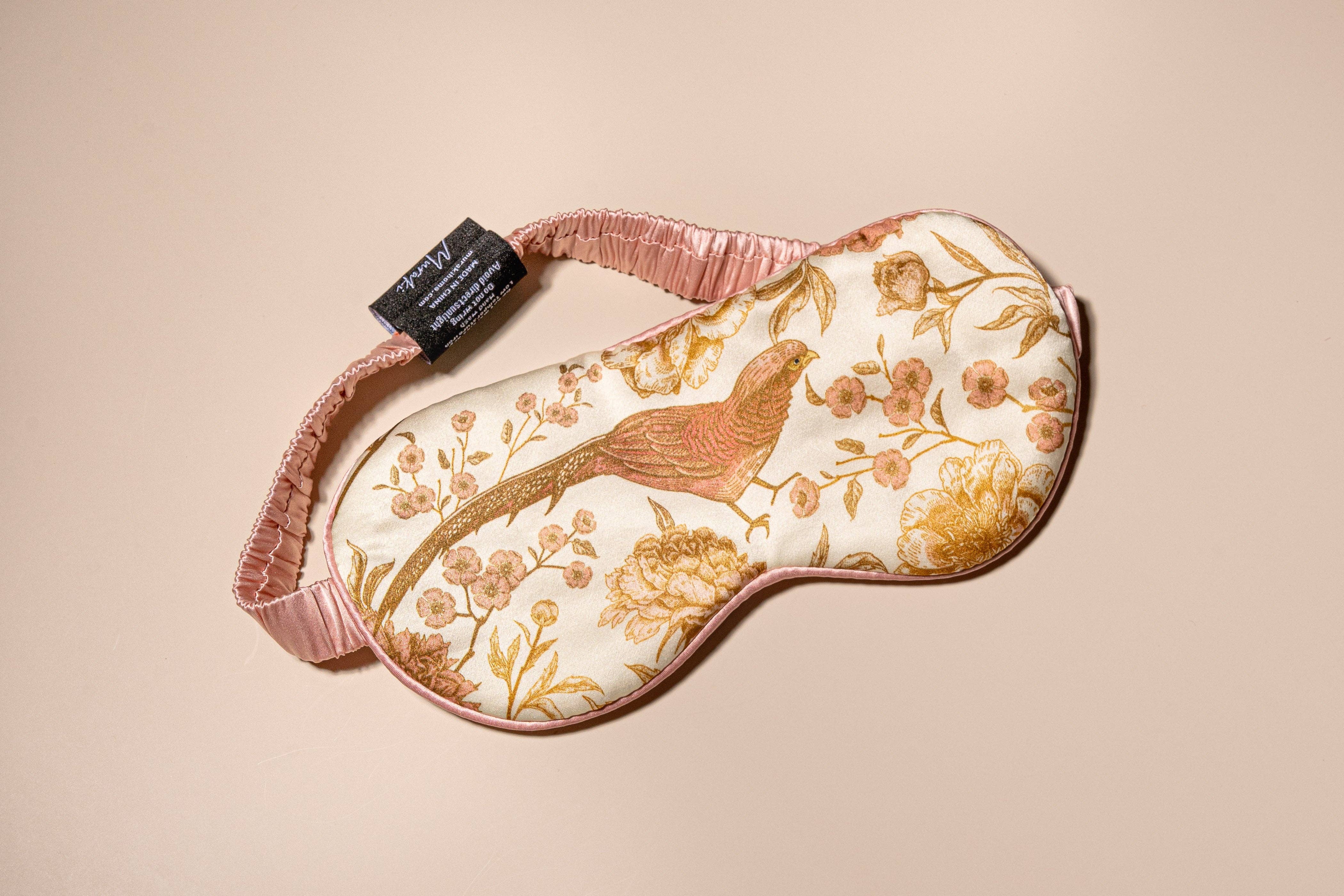 Muraki - Wholesale Sleep/Eye Mask - Pearl Pink Bird Printed Silk Eye Mask2