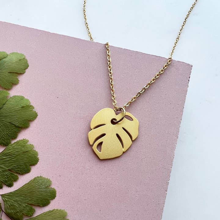Mini Gold Monstera Leaf Necklace for wholesale by MicaPeet