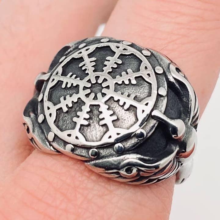 Viking Crow Compass Stainless Steel Ring - MJ/MR for wholesale by Mio Queena