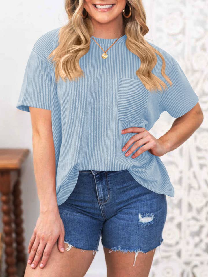 Rosa Clothing - Wholesale T-Shirt - Women's - Casual Wavy Striped Pocket T-Shirt