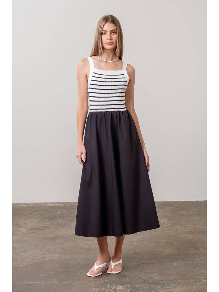 Moon River - Wholesale Dress - Women's - SQUARE NECK SWEATER KNIT MIX MEDIA MIDI DRESS