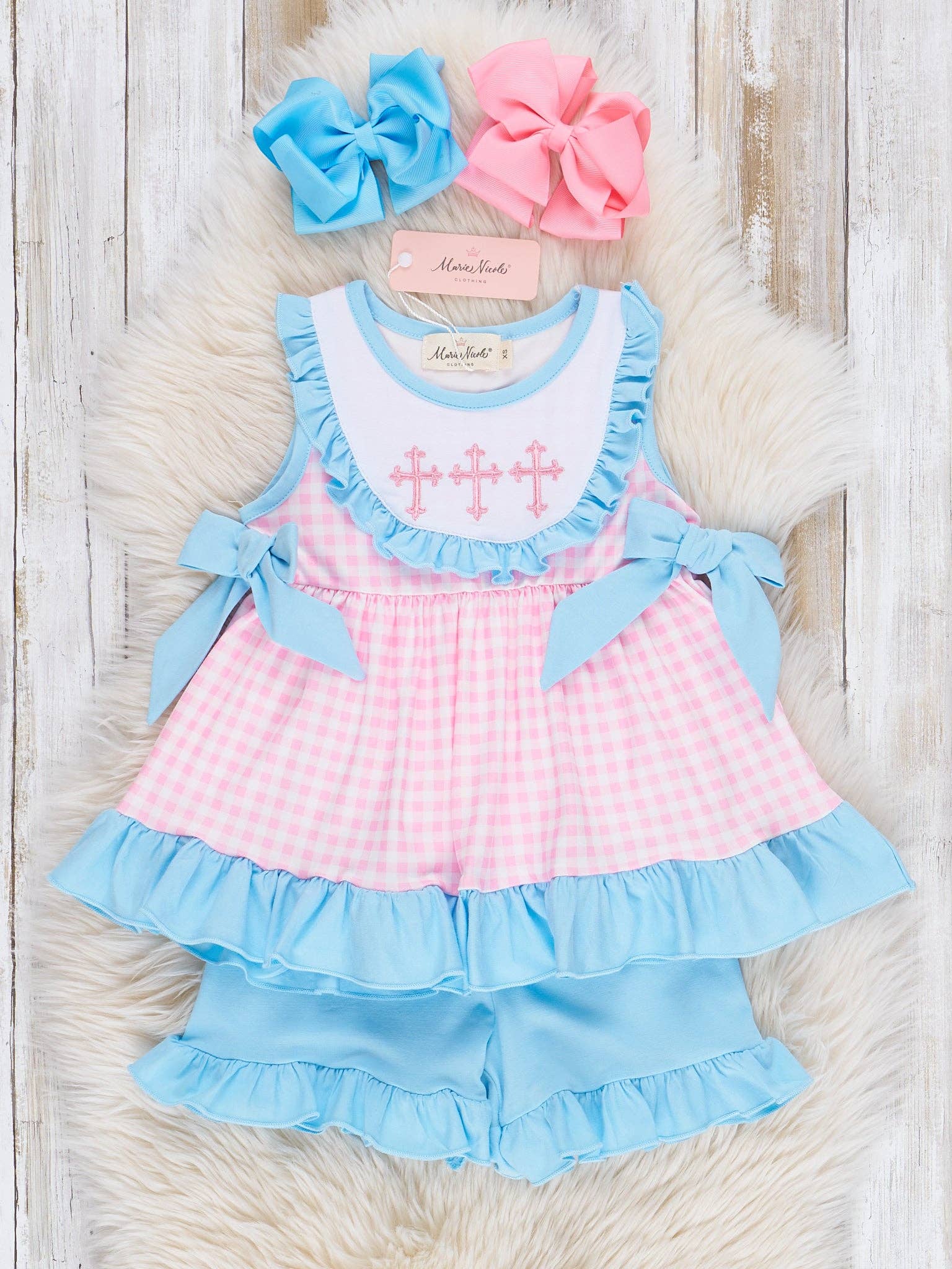 Marie Nicole Clothing - Wholesale Top & Short Set - Kids - Blue & Pink Gingham Cross Ruffle Outfit1