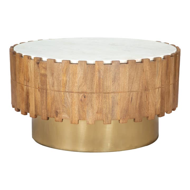 31" Gold Natural And White Iron Wood And Faux Marble Round Block Coffee Table for wholesale by HomeRoots