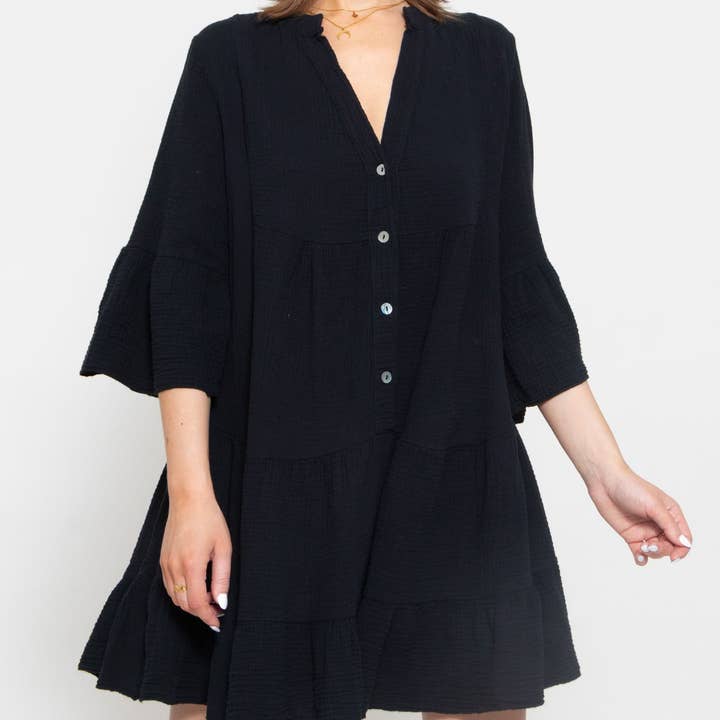 SW164 Black Gauze Cotton Italian Short Dress 3/4 Sleeves for wholesale by LOOWIE