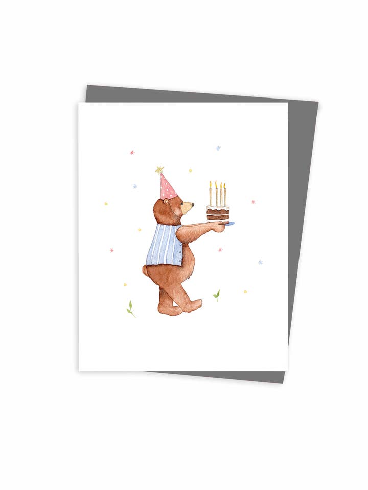 The bear brings the cake, Greeting Card for wholesale by Hobeika Art