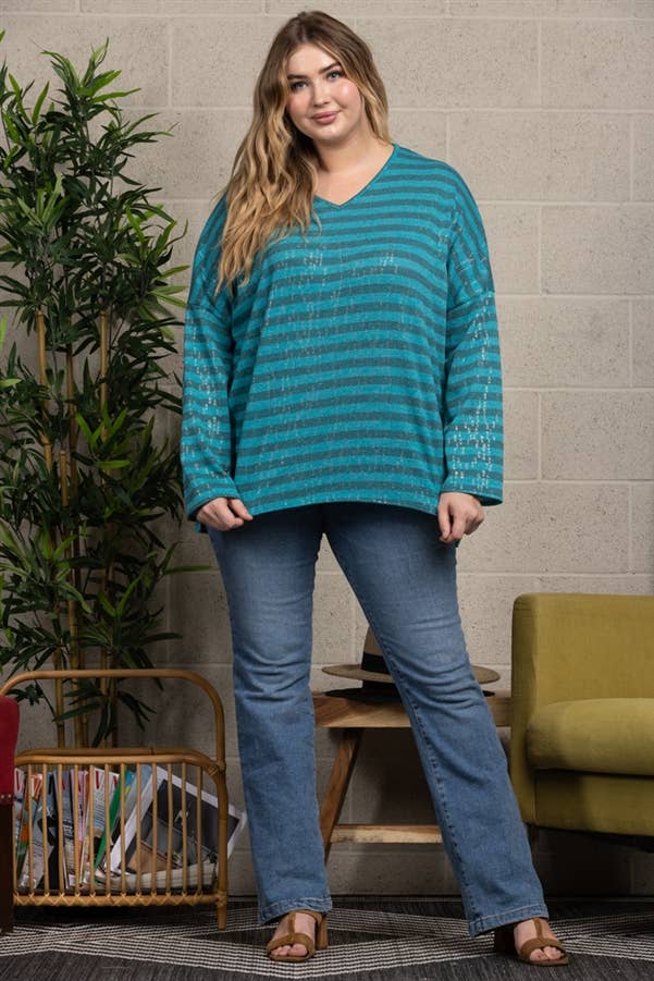 OCEAN BLUE STRIPPED & SPARKLED ALL OVER PLUS SIZE TOP for wholesale on Faire4