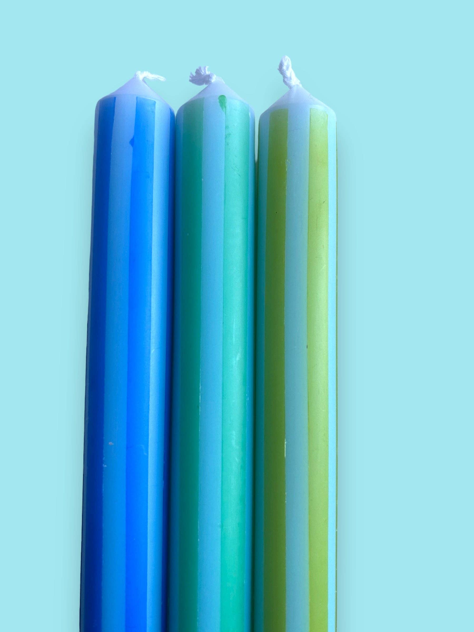 The Colour Emporium – wholesale Tapered candle/candlestick – BLUE PINSTRIPES Dip Dye Dinner Candles Trio5