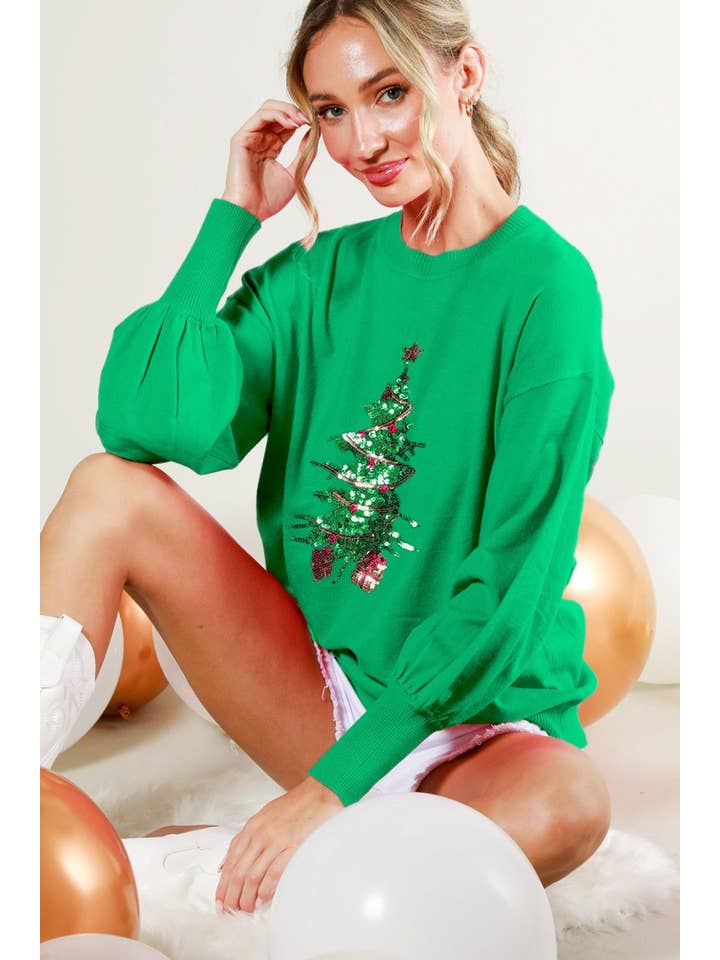 Vine & Love - Wholesale Knit Sweater - Women's - Christmas Tree Sequin Detail Knit Sweater Top VT81484G
