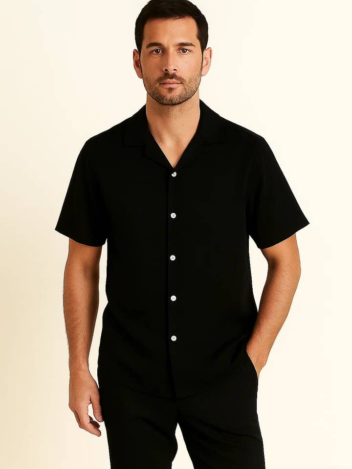 Camicia Nera da Uomo a Maniche Corte con Colletto Cubano | ZMS 02 per la vendita all'ingrosso da parte di Zovater Incorporation