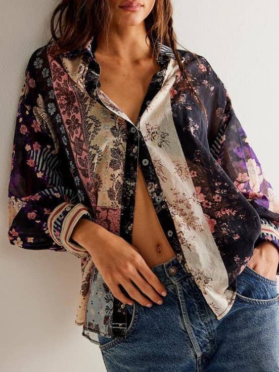Rosa Clothing - Wholesale Button Down Shirt - Women's - Bohemia chic vibe Floral patchwork print button-up shirt11