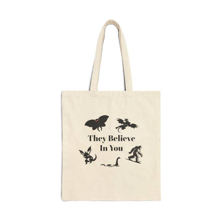They Believe In You Cryptids of The World Cotton Canvas Tote Bag for wholesale by Itsy Bitsy Cryptids