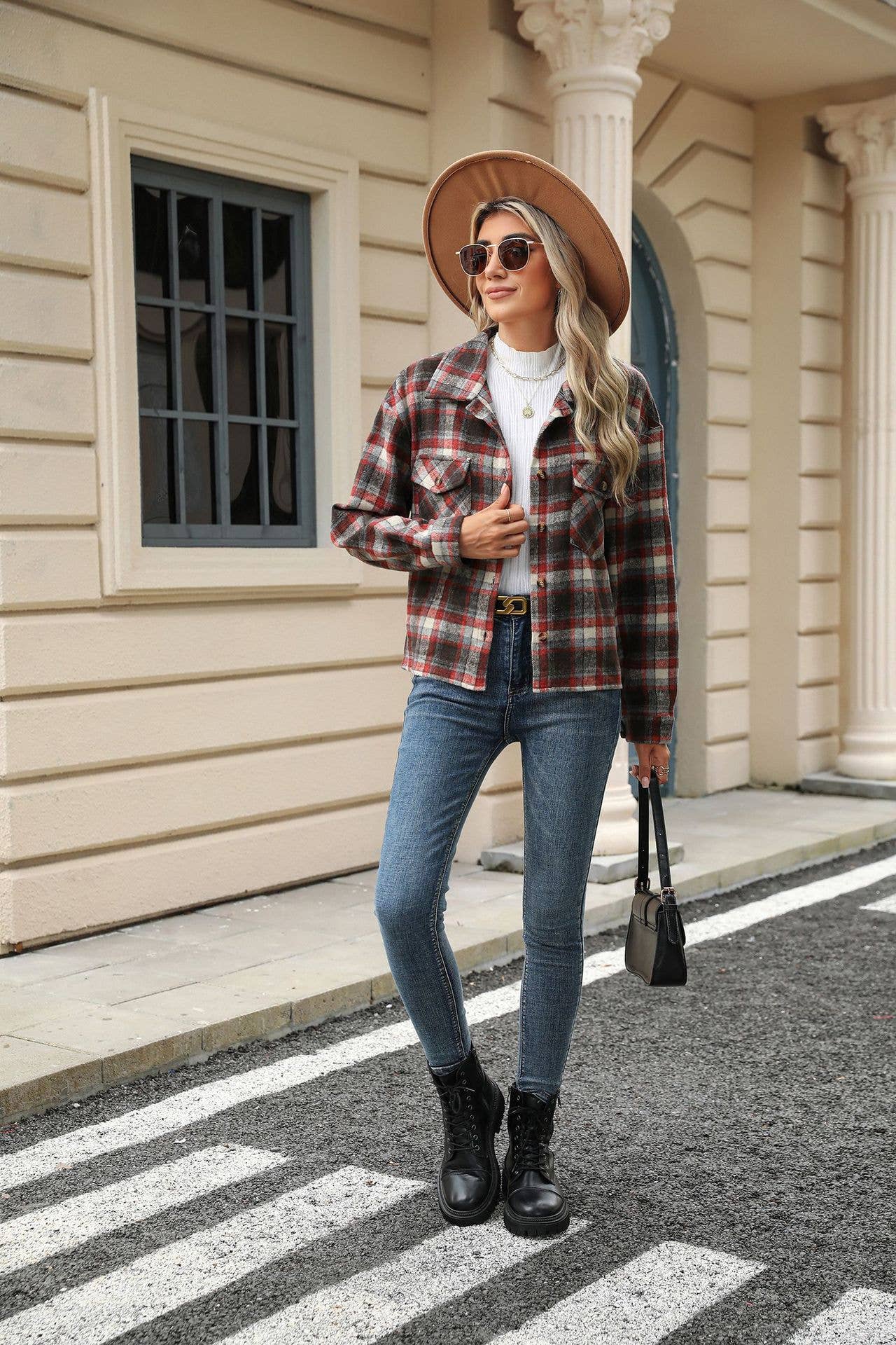 Lily Clothing - Wholesale Shirt Jacket/Shacket - Women's - LONG-SLEEVED PLAID WOOL JACKET WITH BAGGY POCKETS19