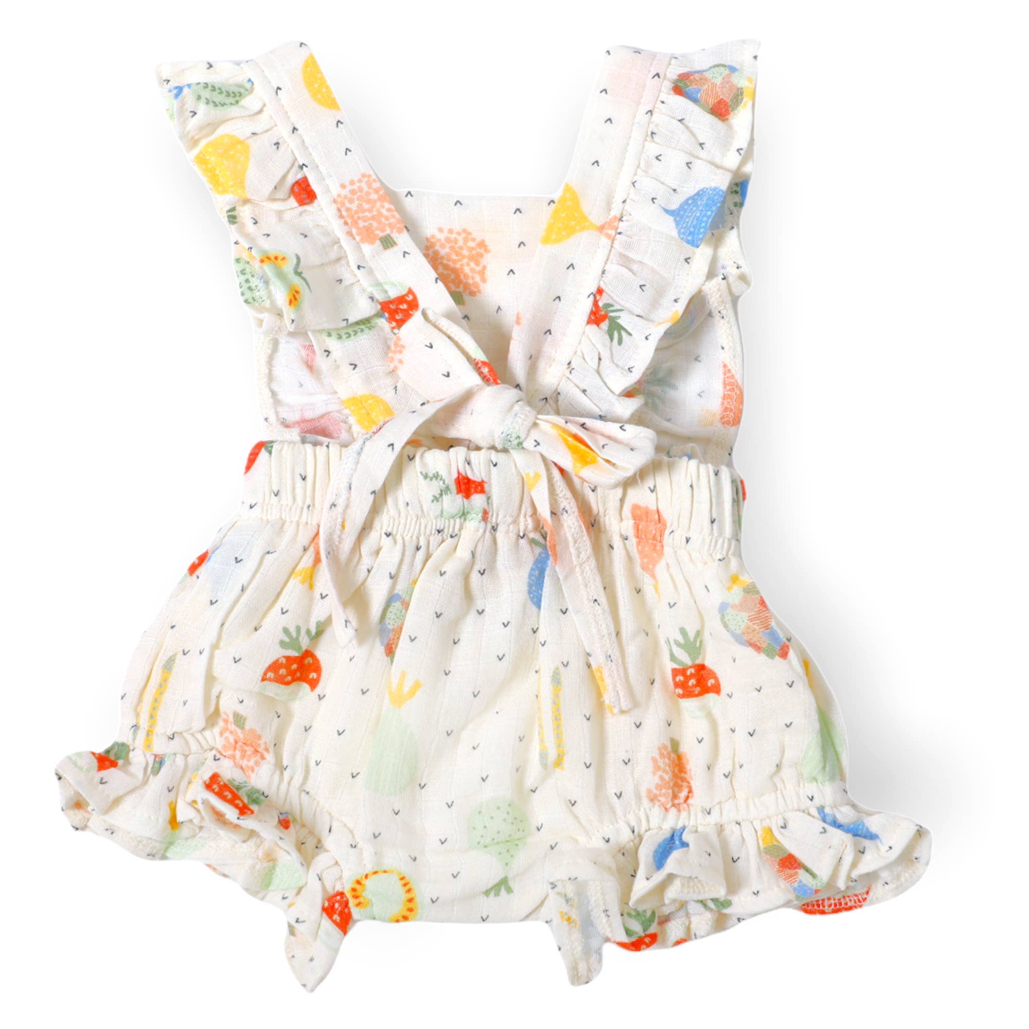 Natural Veggie Ruffled Short Baby Romper Tie Back (Organic Muslin) for wholesale on Faire1