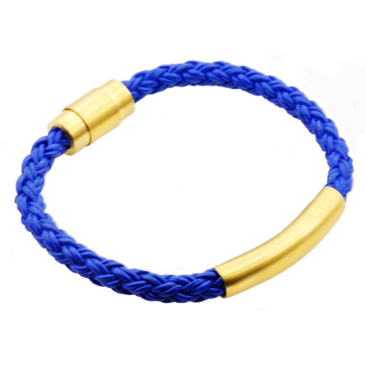 Men's Gold Stainless Steel Blue Leather Bracelet for wholesale by Blackjack Mens Jewelry