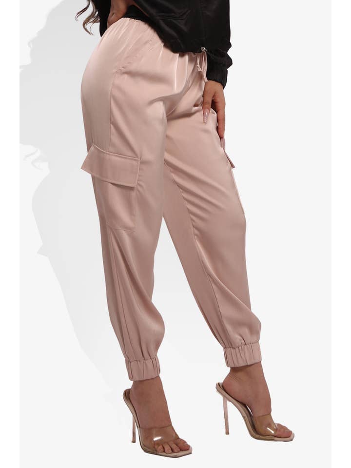 REDFINCH APPAREL INC - Wholesale Lounge Sweatpants/Joggers - Women's - Women's Satin Cargo Joggers With Self Waist Tie7