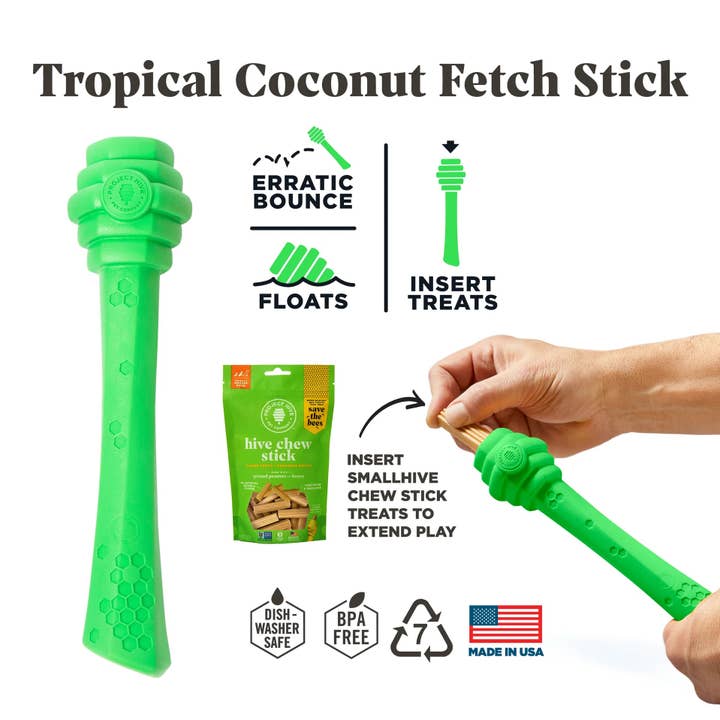 Pet Palette Distribution - Wholesale Pet Chew Toy - Dog - Project Hive Tropical Coconut Scent Hive Fetch Stick Green