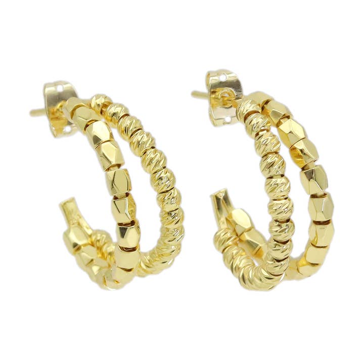 BestBeads&Beyond - Wholesale Hoop Earrings - Gold Round Ball Tube Double Line Geometry Hoop Earrings, Sku#LX4750
