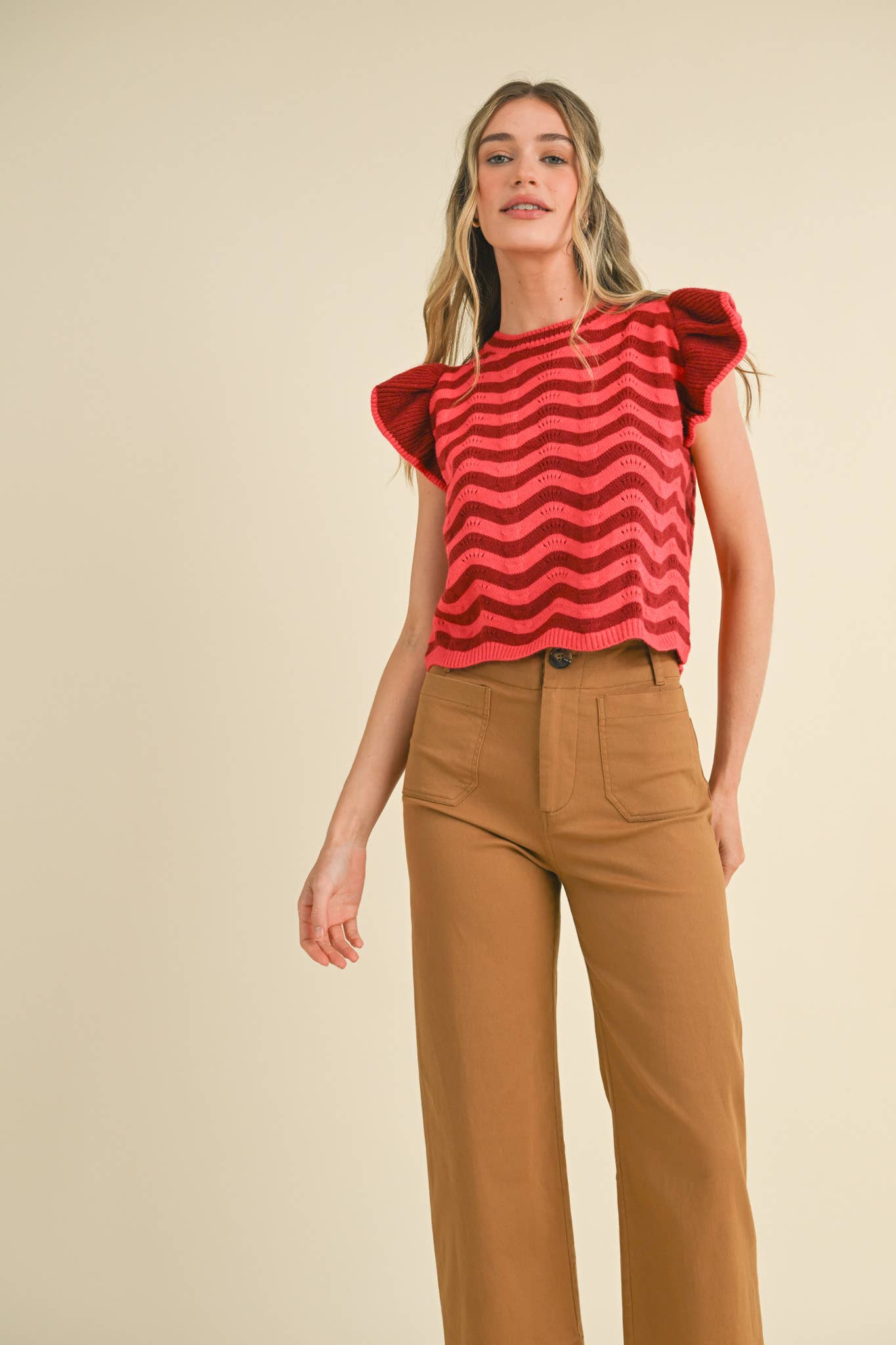 &MERCI - Wholesale Knit Sweater - Women's - WAVY STRIPES FLUTTER SLEEVE SWEATER TOP MSW1050970