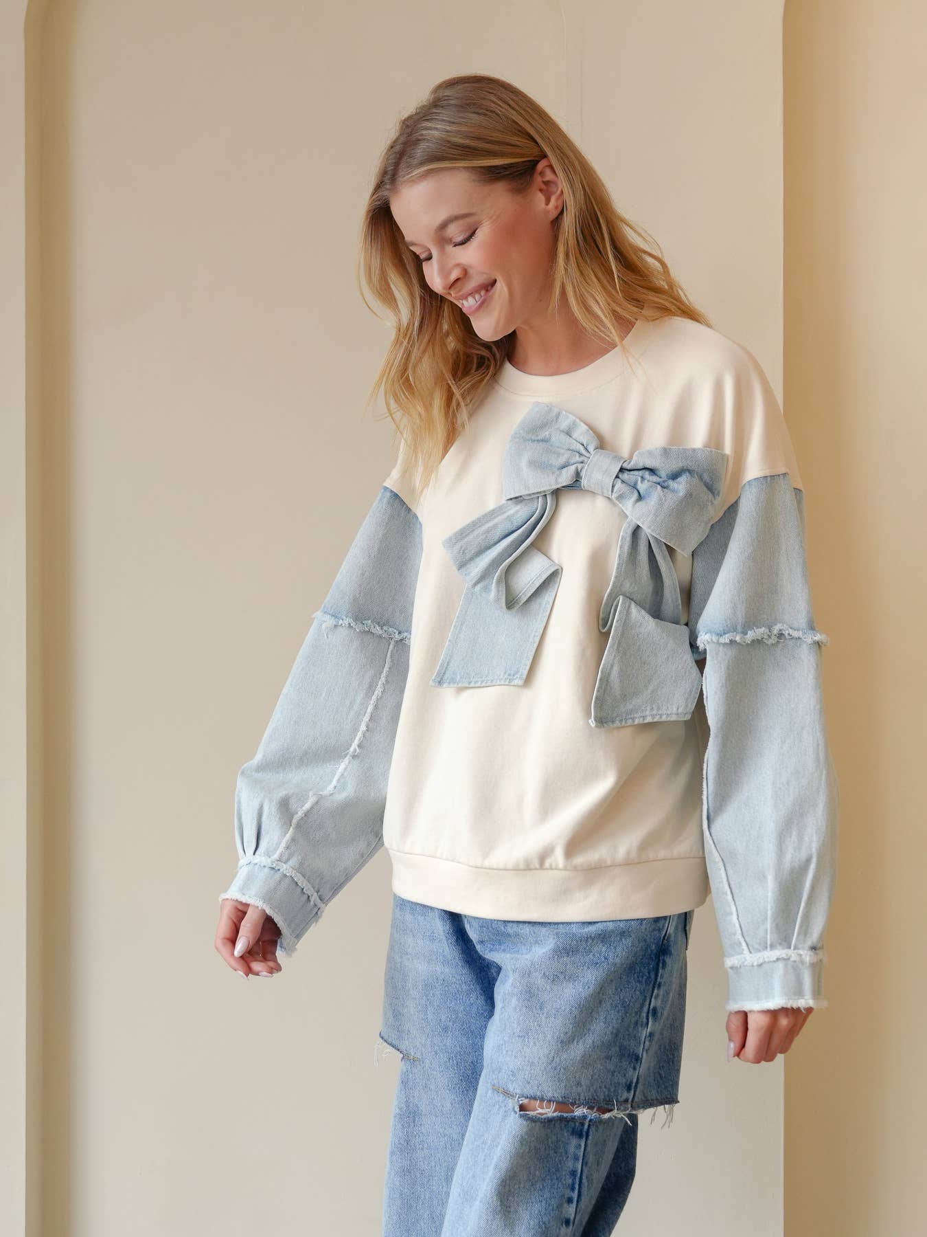 TRENDILITY - Wholesale Sweatshirt - Women's - TR2027-04_Mineral Washed Denim Bow Sweatshirt Top16