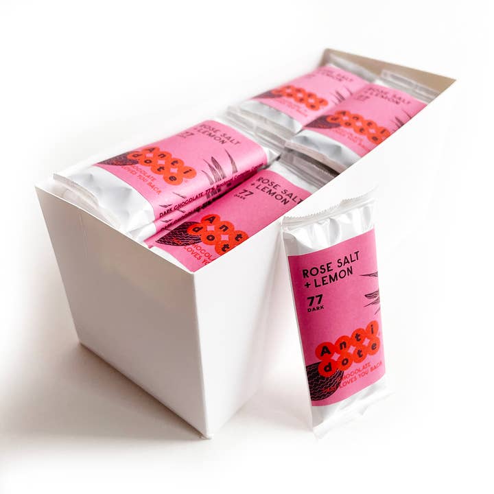 MINI Hebe: Rose Salt + Lemon 77% for wholesale by Antidote Chocolate
