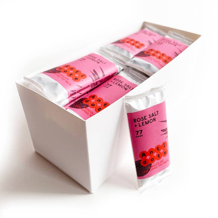 Antidote Chocolate - Wholesale Chocolate Bar - MINI Hebe: Rose Salt + Lemon 77%