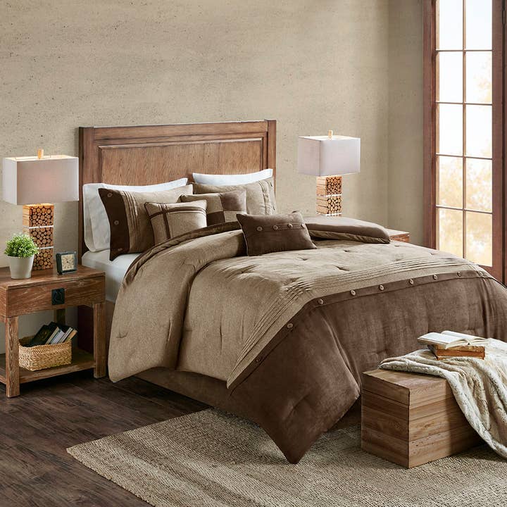 Olliix - Wholesale Bedding Set - Lodge Cabin Microsuede 7-Piece Comforter Set, Brown