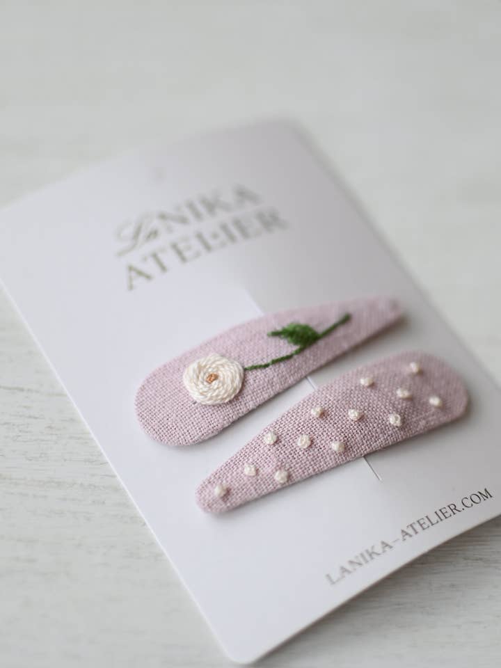Hair clips hand embroidered: baby pink rose + dots for wholesale by Lanika Atelier, Nika Korošec s.p.