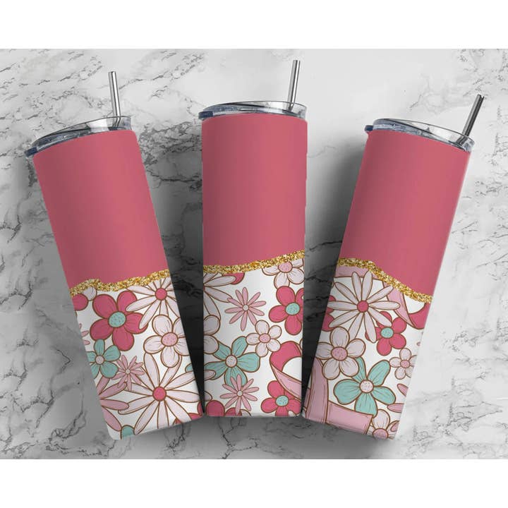 Retro Flower with pink ribbon Tumbler- Mauve for wholesale by Charm Boutique & Designs