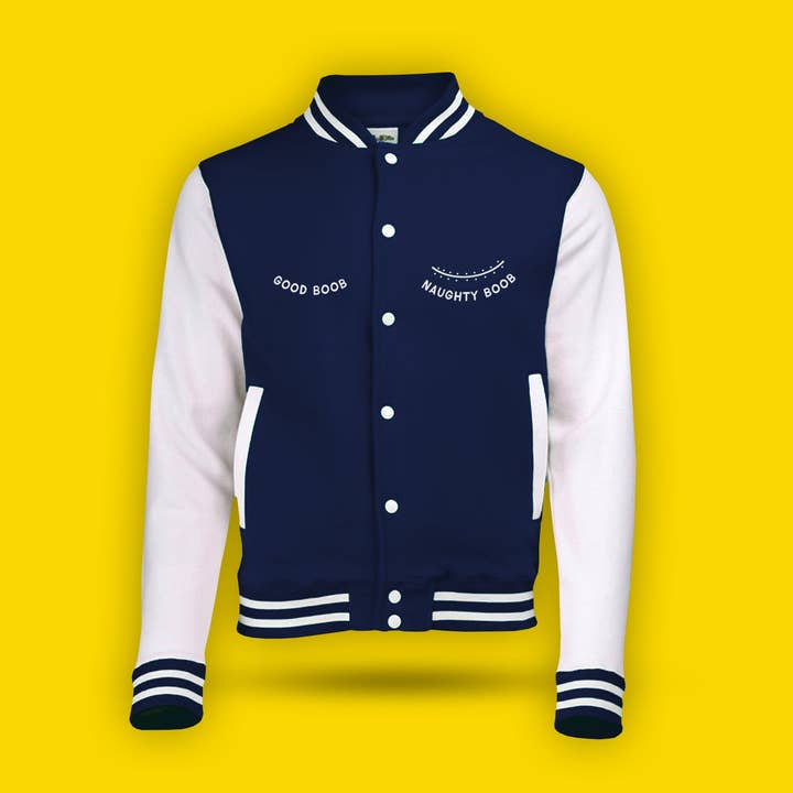 Collegejacke Good Boob//Naughty Boob für den Großhandel von Fighty Pants.