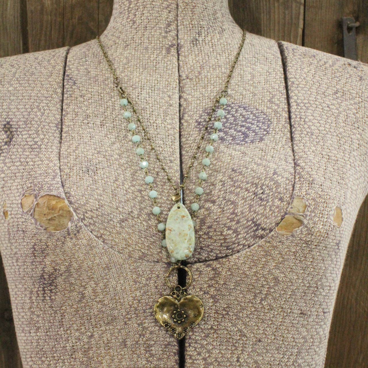 The Primitive Peddler, Inc. - Wholesale Pendant/Charm Necklace - Double Layered Stone & Bronze Heart Drop Necklace5