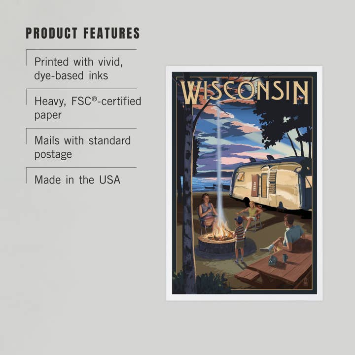 Lantern Press - Wholesale Postcard - PREMIUM POSTCARDS Wisconsin, Retro Camper & Lake2