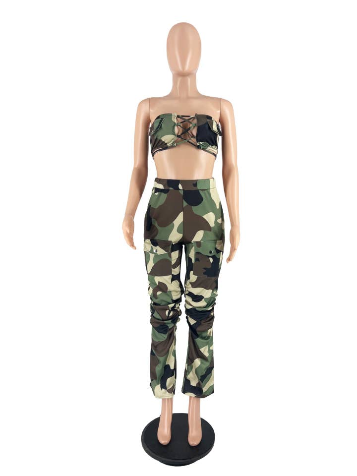 MB Fashion Wholesale - Wholesale Top & Pant Set (NOT Loungewear) - Women's - MB FASHION Strapless Lace-Up Top and Cargo Pants Set 8374LY