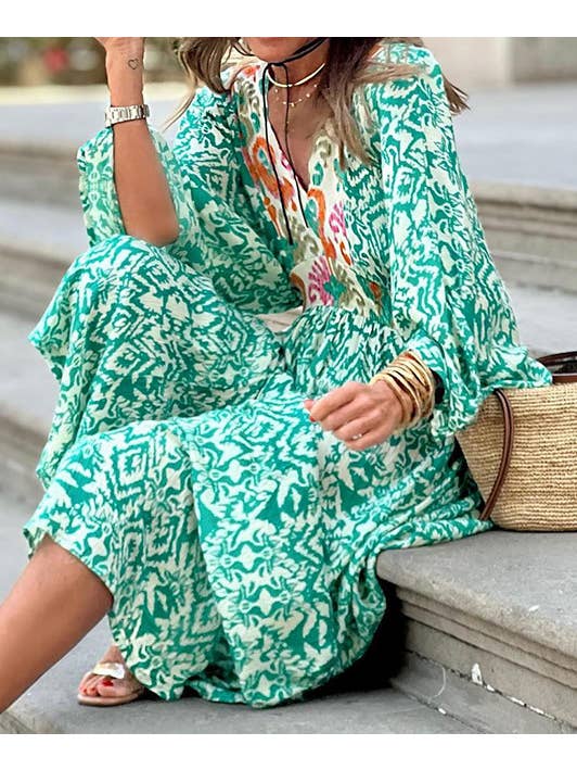 green loose long sleeve bohemia floral maxi dress for wholesale on Faire7