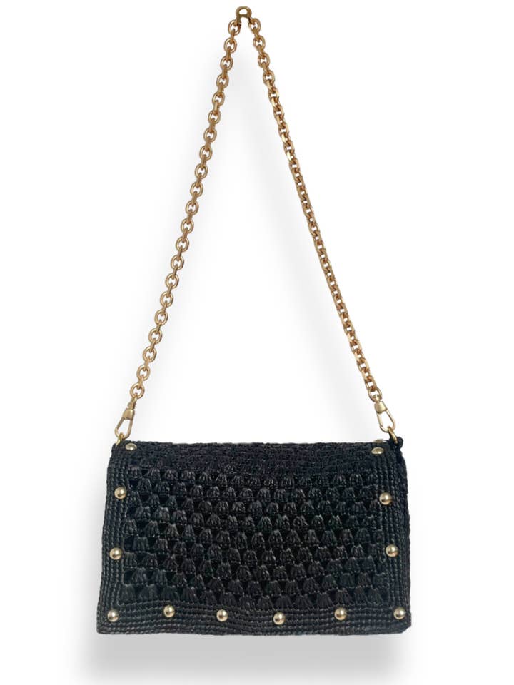 Nina black raffia flap bag for wholesale by Sanabay