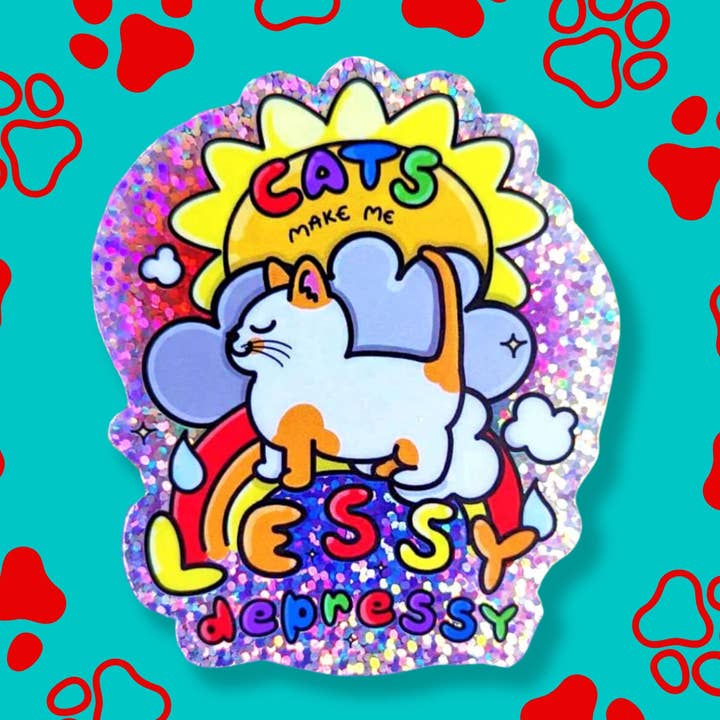 Cats Make Me Lessy Depressy Holographic Glitter Sticker for wholesale by Innabox Ltd