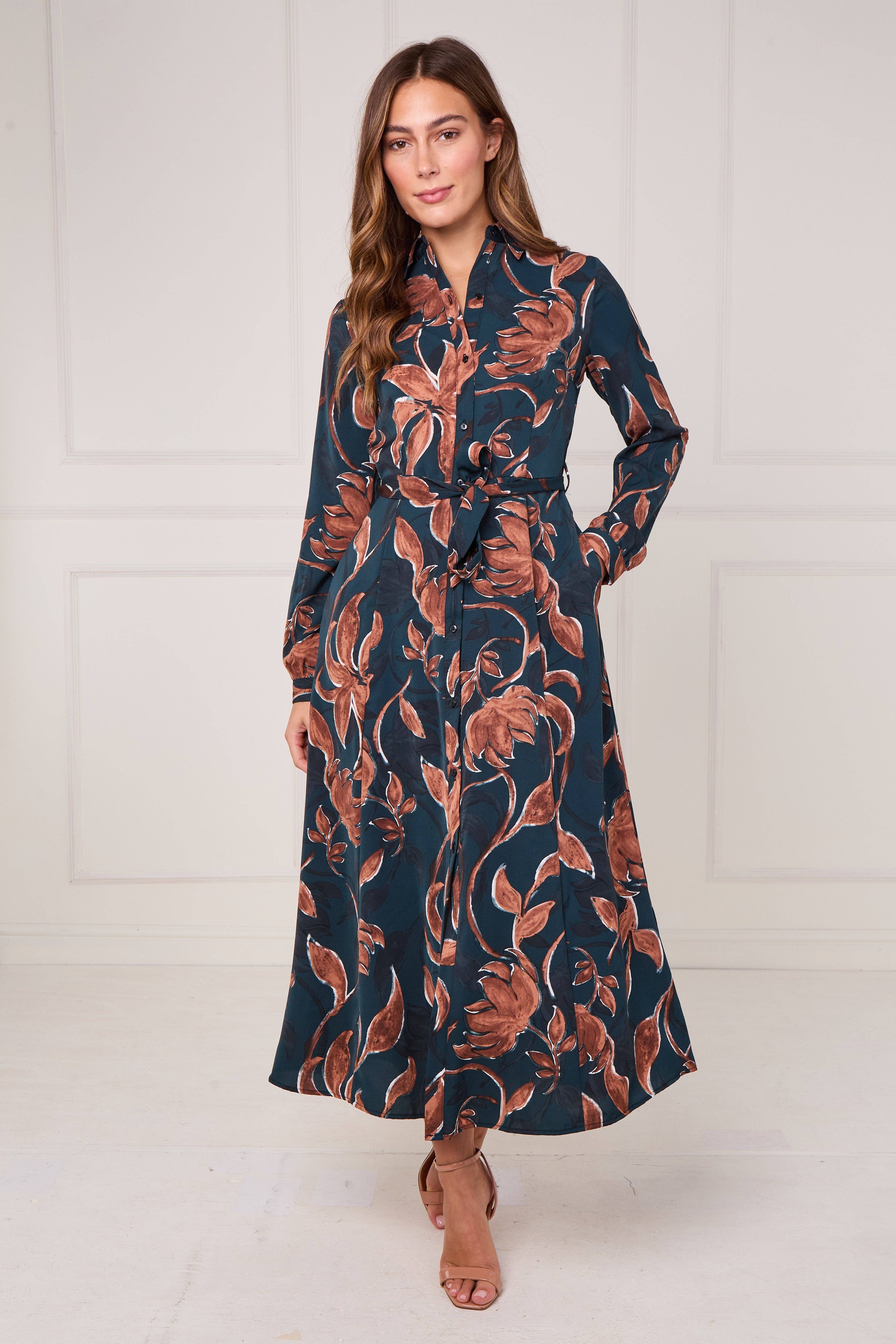 brown Teal and Chestnut Floral Print Maxi Shirt Dress for wholesale on Faire3