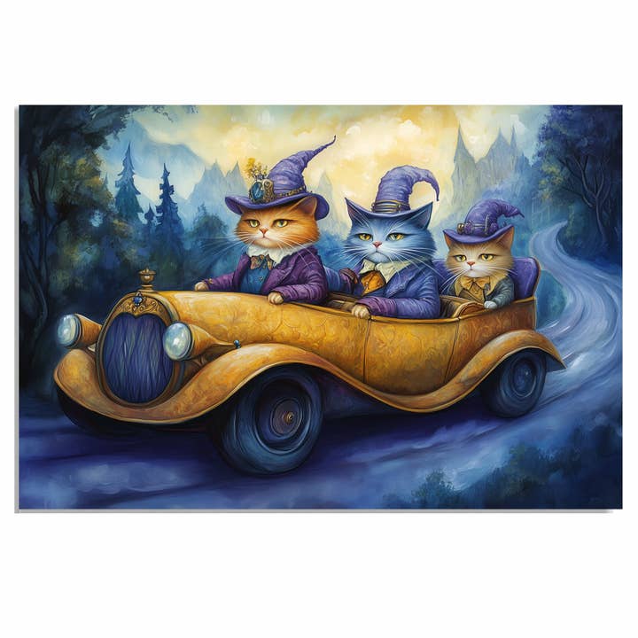 Wizard Cats Driving Vintage Car in Forest Rolled Canvas for wholesale by Art Paradise Studios