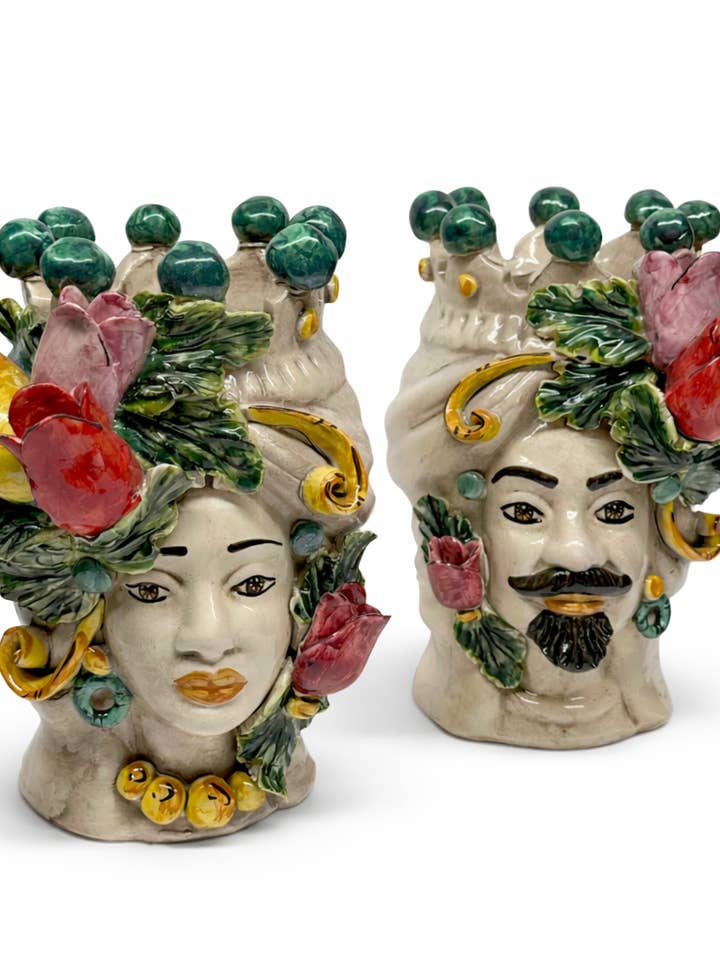 Par de Cabeças de Mouro Tulipas Cerâmica Caltagirone cm A.20 L.12 Artesanal por atacado de DD Ceramiche Siciliane