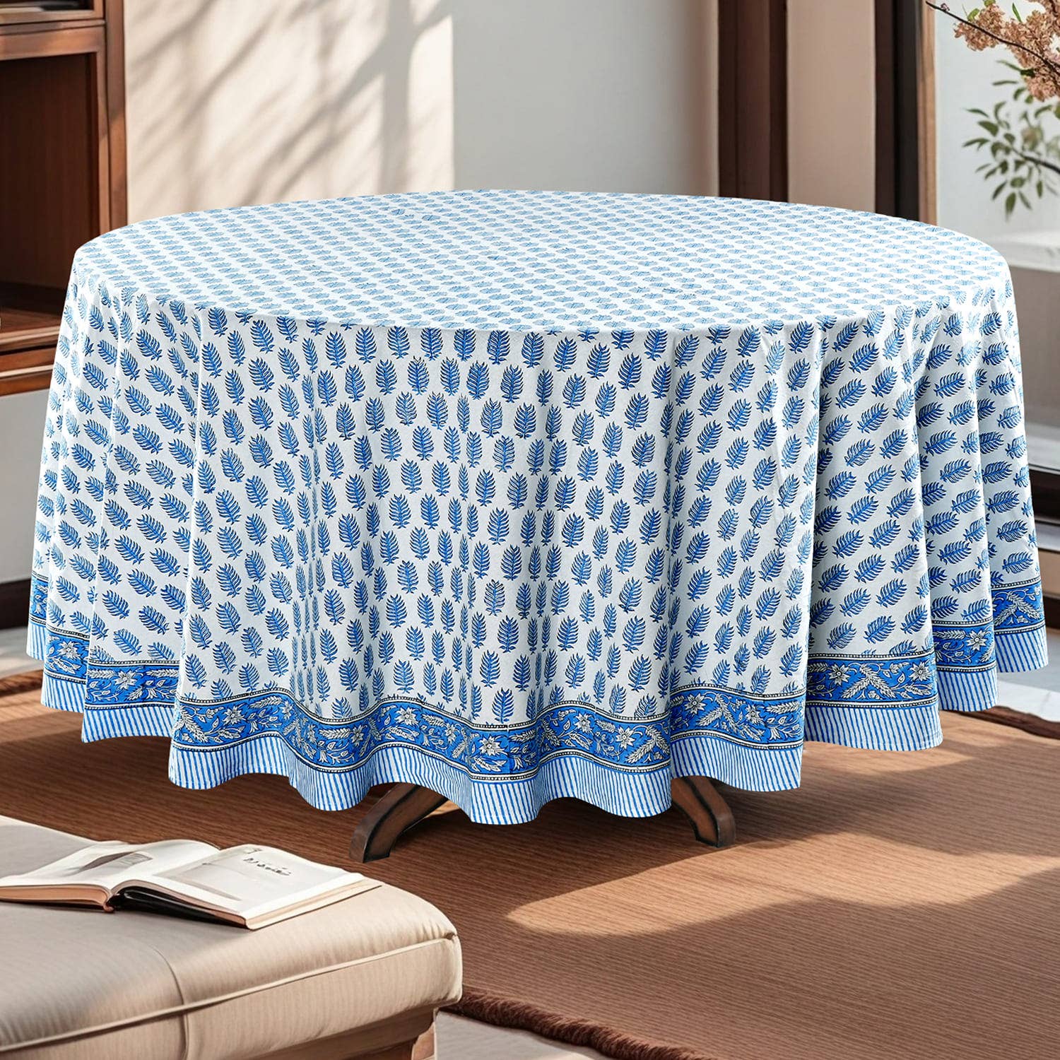 Fabricrush - Wholesale Tablecloth - Cerulean Blue Leaf Printed Round Tablecloth Home Decor 2