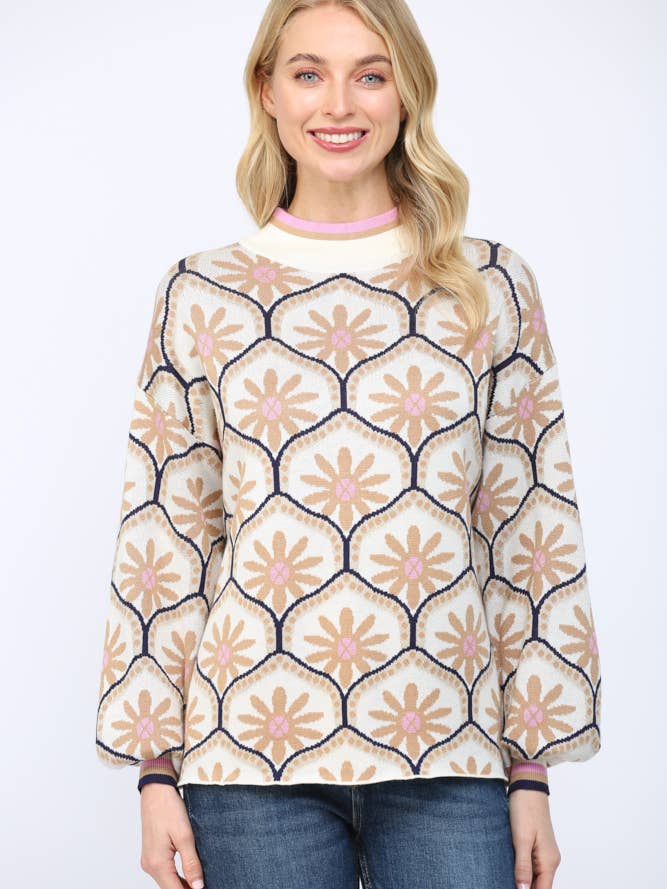 GEOMETRIC FLORAL MOTIF MOCK NECK SWEATER FW10404 for wholesale by FATE