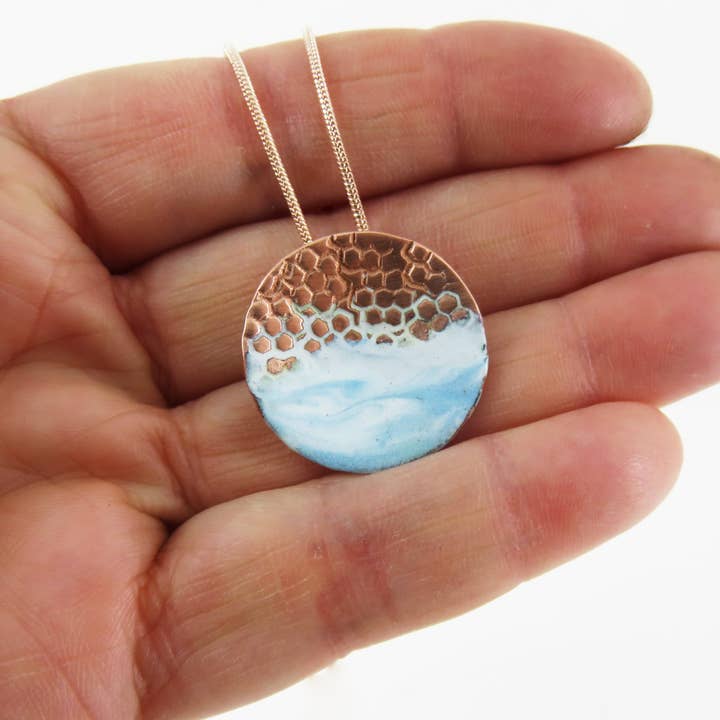 830 Degrees – wholesale Pendant/charm necklace – Round, Domed and Textured Copper Pendant with Enamel