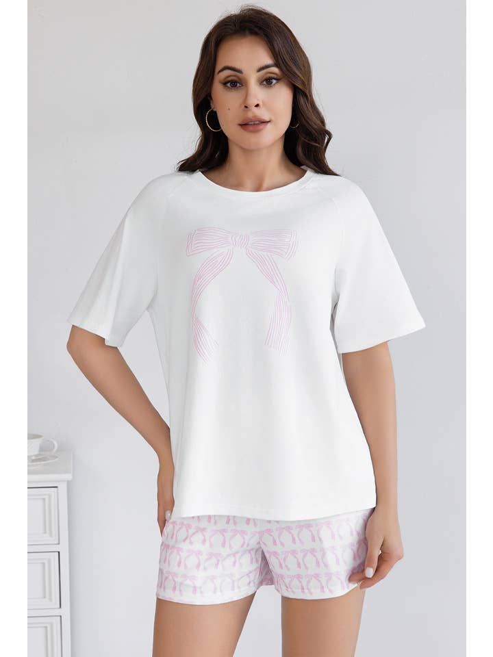 White Bow Knot Print Short Sleeve Shirt and Shorts Lounge Set for wholesale on Faire