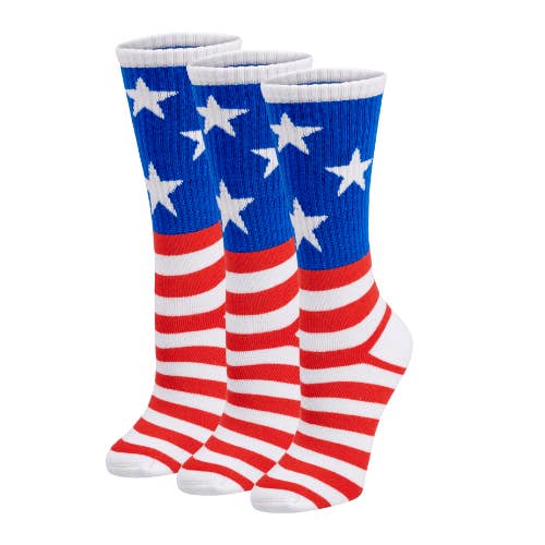 Bamboo Sports Red White and Blue Premium Bamboo Rayon Crew Work Socks- Moisture Wicking, Odor Eliminating Red, White, and Blue American Flag 4th of July Socks for Men and Women Gift Box 3 Pair for wholesale by Bamboo Sports