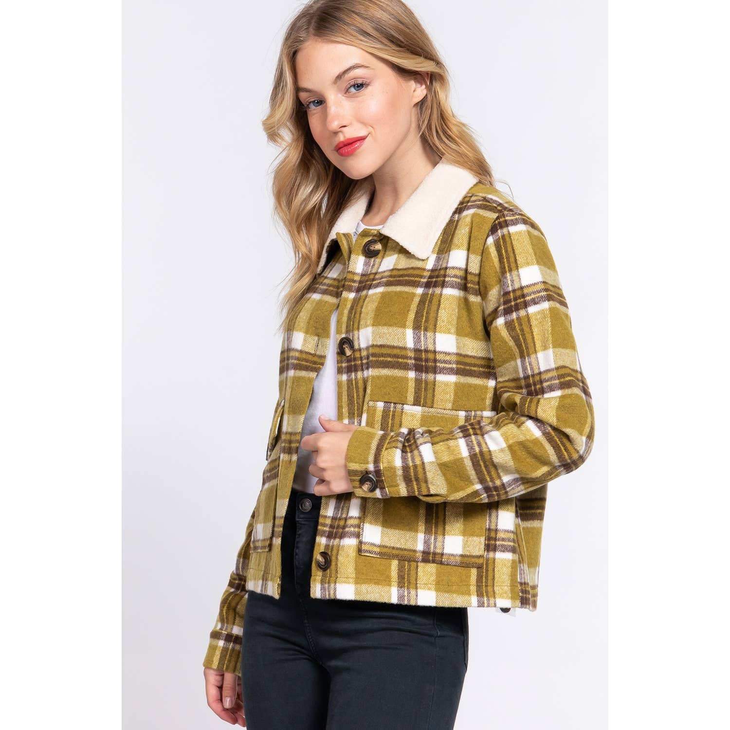 Apolline - Wholesale Shirt Jacket/Shacket - Women's - FAUX FUR COLLAR PLAID SHACKET9