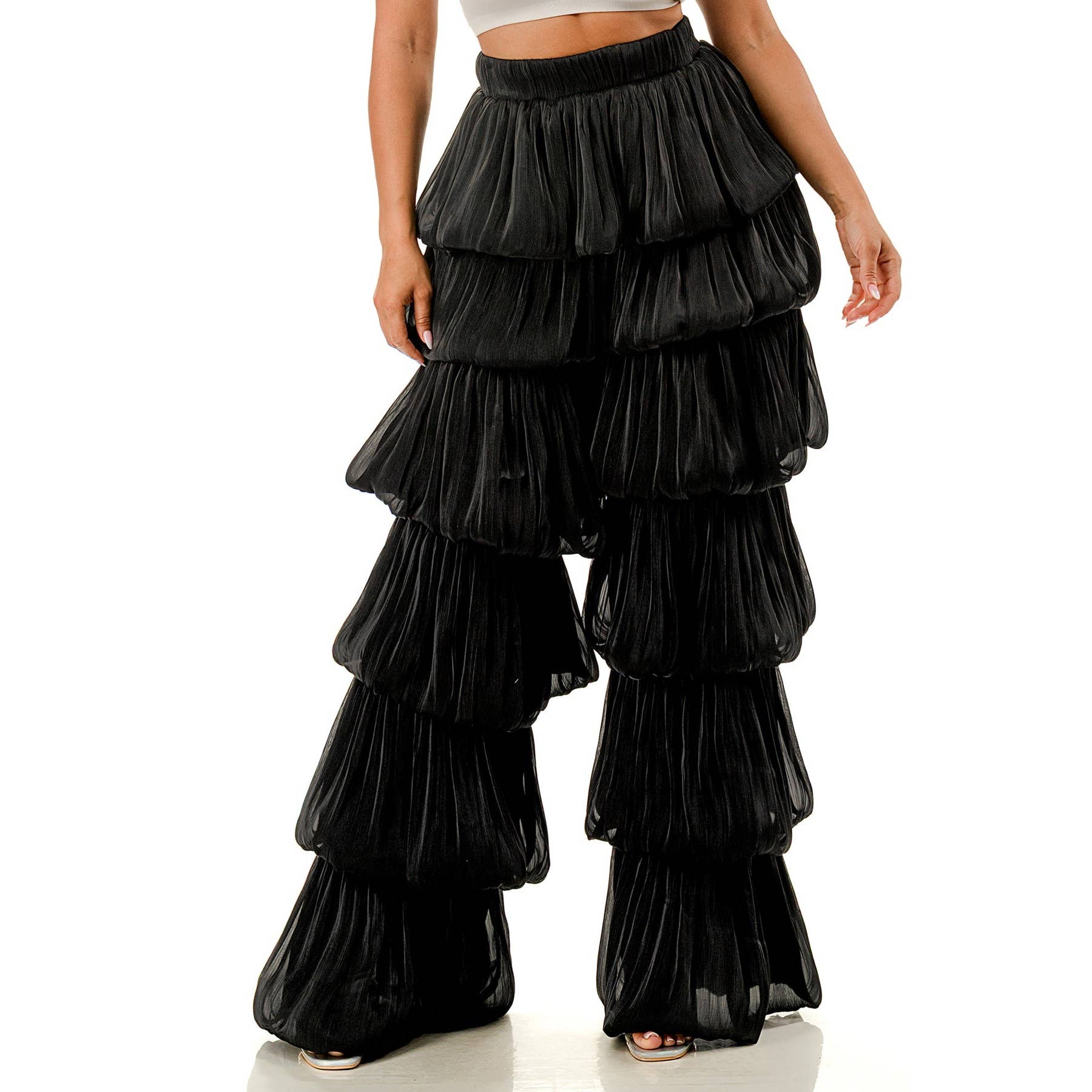 DORCAS - Wholesale Pants - Women's - Plus Size Bubble Hem Tiered Ruffled Organza Pants3