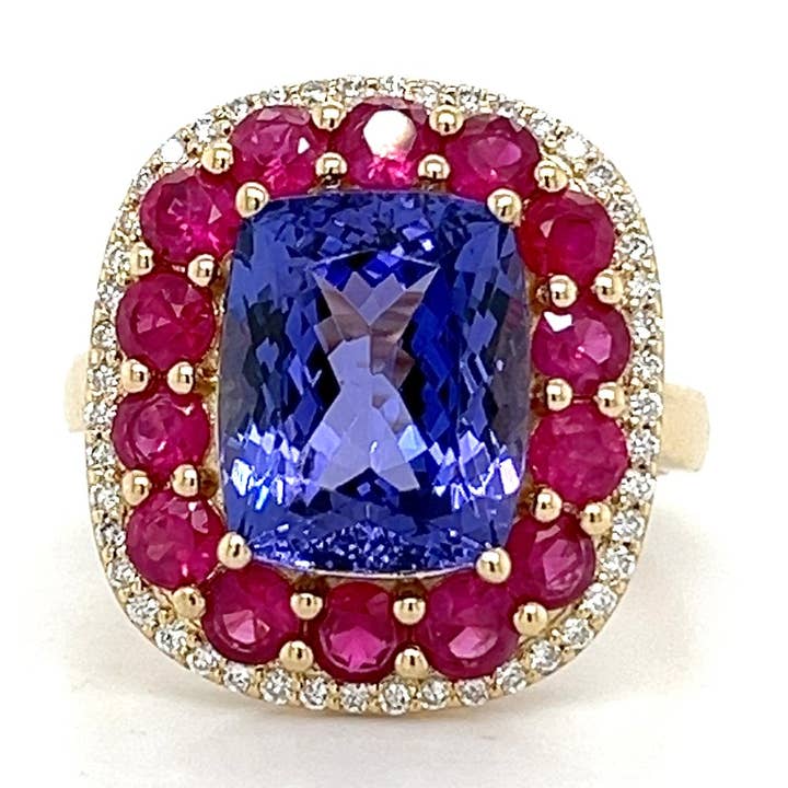 14K Yellow Gold Ring with 5.1 Carat Cushion-Cut Tanzanite Gemstone (PJC34163R) for wholesale by Blue Star Gems NY