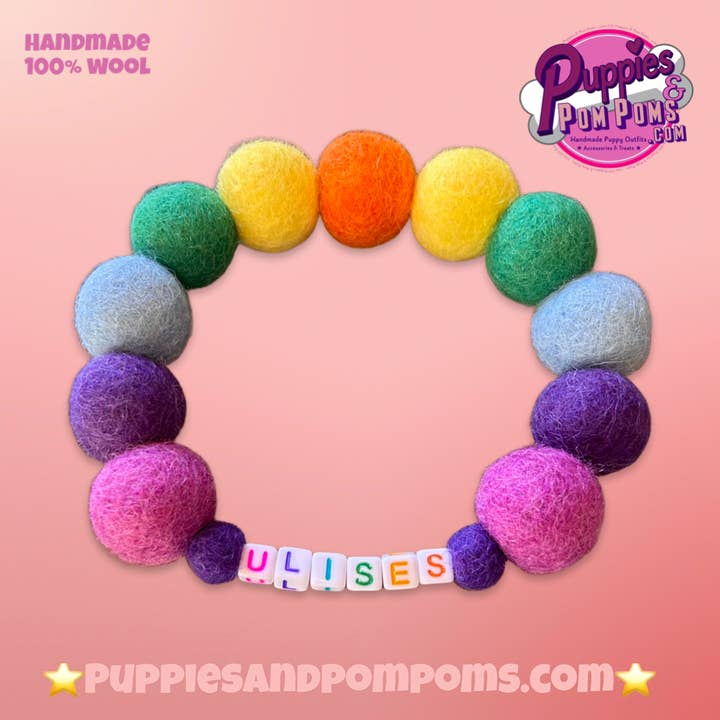 Puppies & Pom Poms - Vente Collier – chien - Collier pour chien personnalisé avec pompons colorés arc-en-ciel 2 cm9