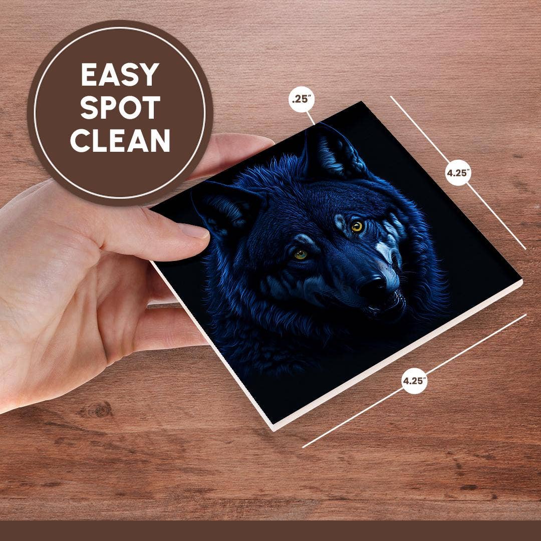 3dRose - Wholesale Coasters - 3dRose, Mystical, magical wolf portrait. Yellow eyes. Dark blue, black gift, Coaster6