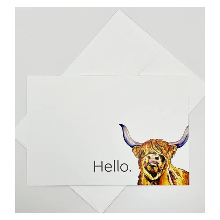 Flat Note Set w/ Highland Cow Artwork | 8 Cards & Envelopes for wholesale by Forever Caroline LLC